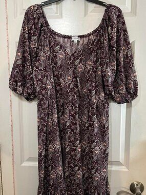 Luxologie Burgundy Plum Paisley Puff Sleeve Midi Dress Square Neck Size M